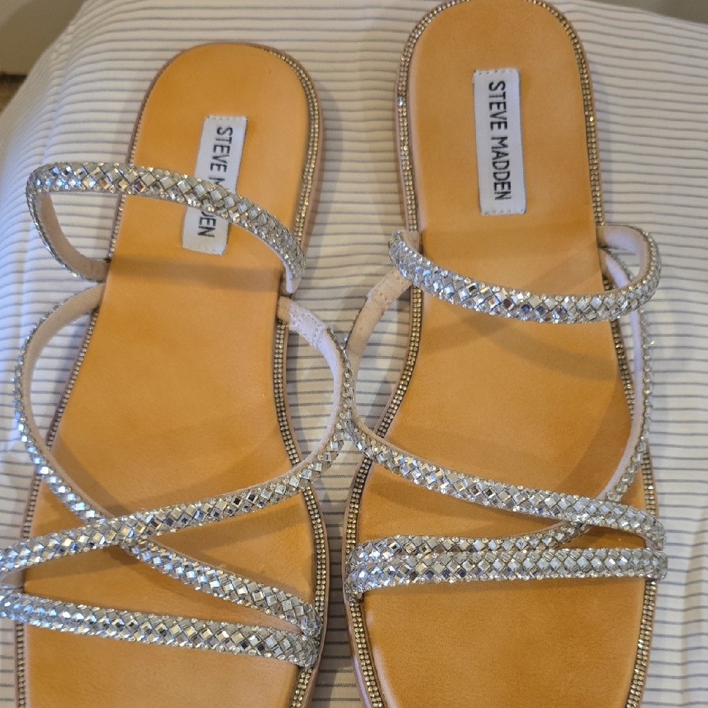 Steve Madden Silver Crystal Strappy Flat Sandals